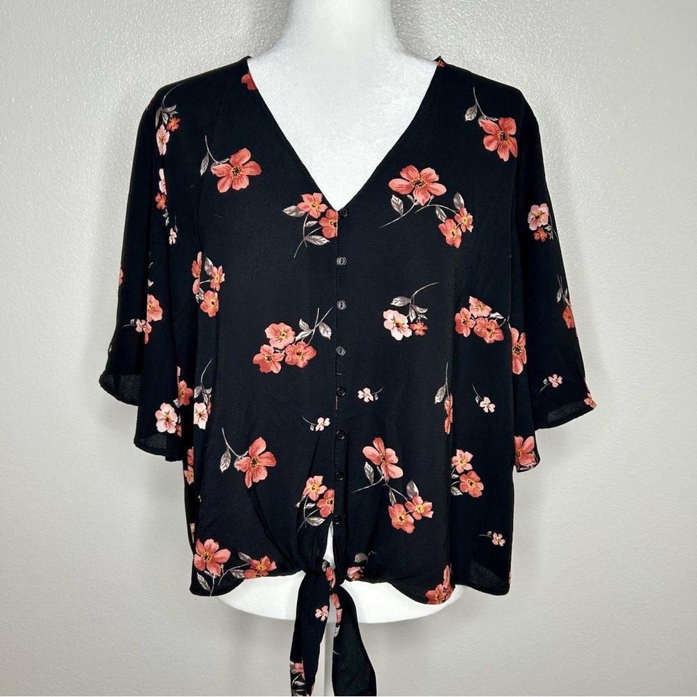LUSH Womens Black Floral Button Down V-Neck Top Front-Tie Flare Sleeve Size L